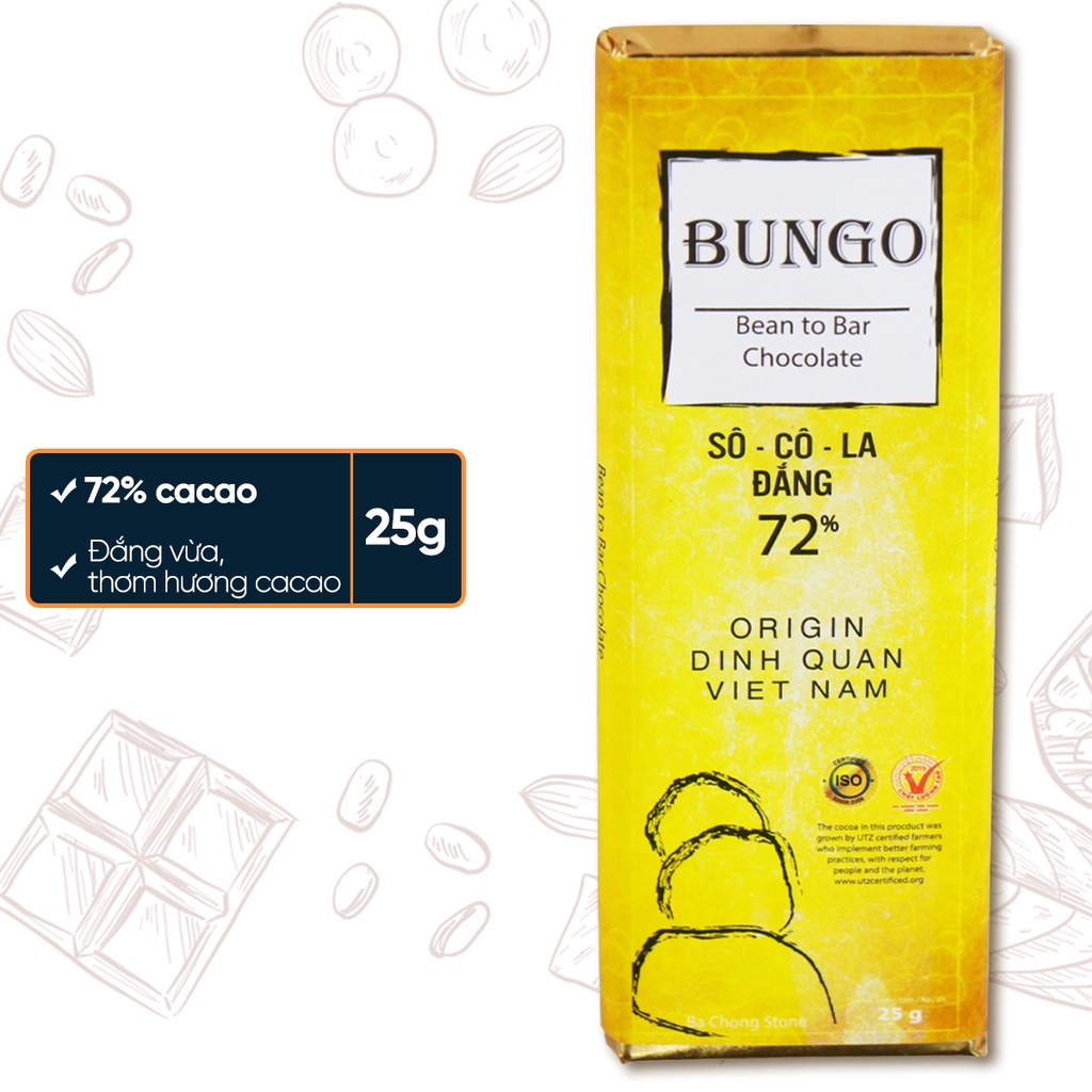 Socola Nguyên Chất Bungo 72% Cacao, Thanh 25g/100g - Thuần Bơ Cacao Tự Nhiên - Từ Hạt Cacao Trinitario Lên Men Thủ Công