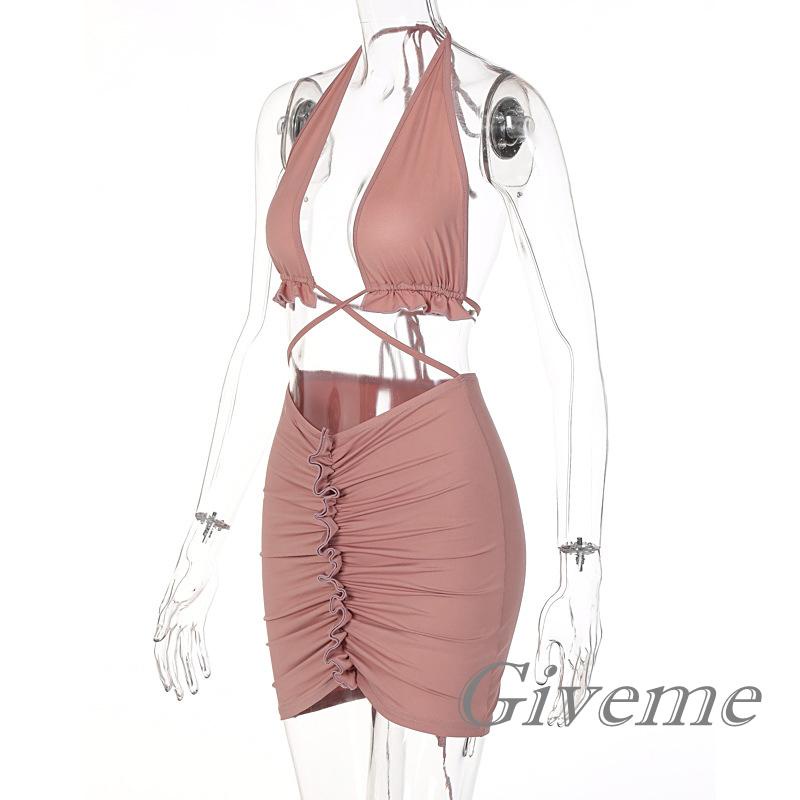 Bộ Trang Phục 2 Mảnh Gồm Áo Croptop Hai Dây Thắt Nơ Và Chân Váy Ngắn Eo Cao Cho Nữ