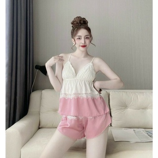 Đồ bộ dây satin viền ren giữa hình thật