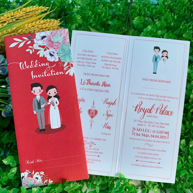 Thiệp cưới túi đứng màu đỏ, thiệp cưới giá rẻ, thiệp cưới chibi