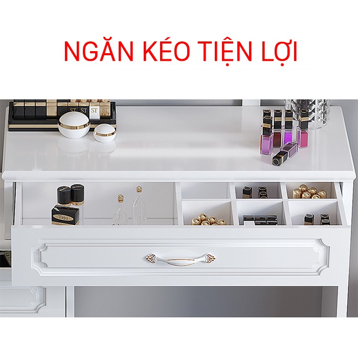 Bàn phấn tân cổ điển màu trắng decor phòng ngủ đẹp - Bàn trang điểm có gương đèn led kèm ghế trang trí và quà tặng vợ