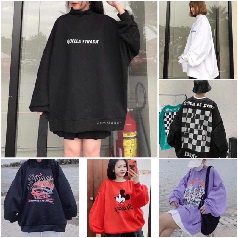 [Xả Kho]  Áo Sweater Bàn Cờ Mẫu mới Hót Hit 2021❤Áo Nỉ Thụng Tay Phồng Thu Đông In Hình, Chữ Ulzzang Phong Cách Hàn