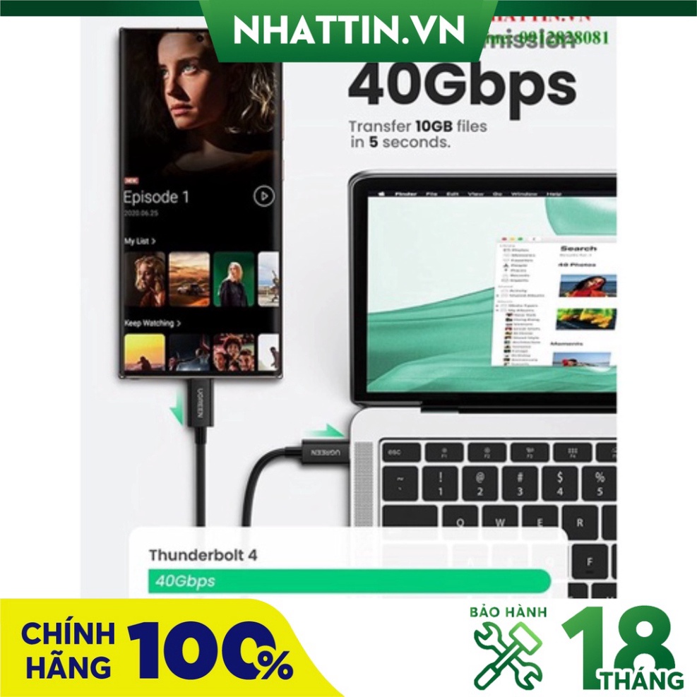 Cáp USB Type-C to USB Type-C Thunderbolt 4 dài 0.8m Ugreen 30389 truyền hình ảnh 8K60Hz  - Phân Phối Chính Hãng