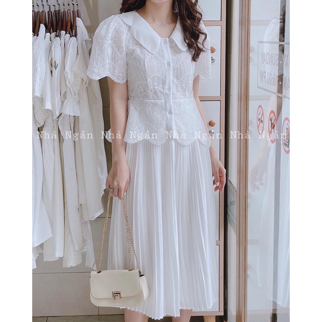 Đầm suông trắng🌷Hình thật 100%🌷Set chân váy xếp li trắng cổ vuông xếp