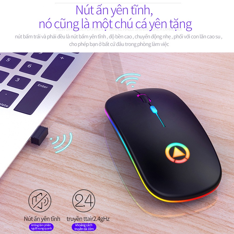 Chuột quang  không dây 2.4Ghz có thể điều chỉnh im lặng có đèn LED sạc lại USB cho Laptop máy tính bảng-Bảo hành