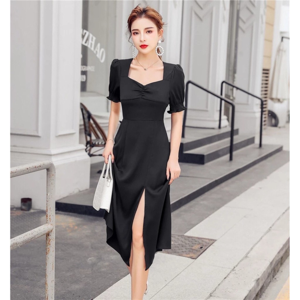 Váy đầm nữ dáng xòe kiểu tay phồng nhún ngực chất umi mềm mịn thoải mái cho người mặc