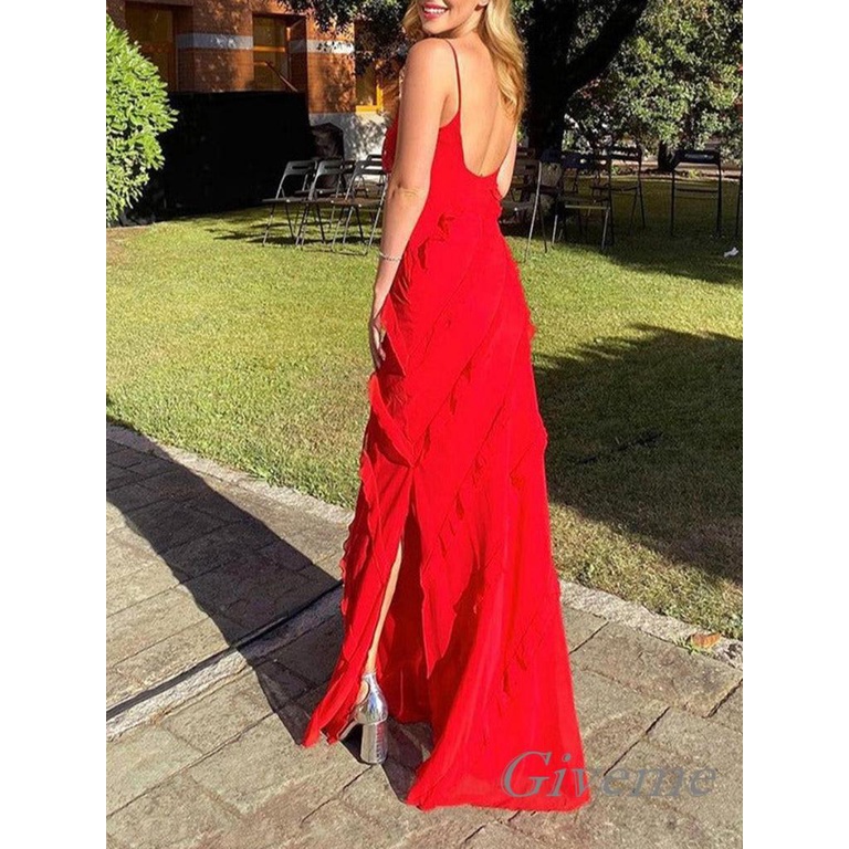 Đầm Dài Không Tay Màu Trơn Phối Bèo Nhún Thời Trang Dự Tiệc Cho Nữ