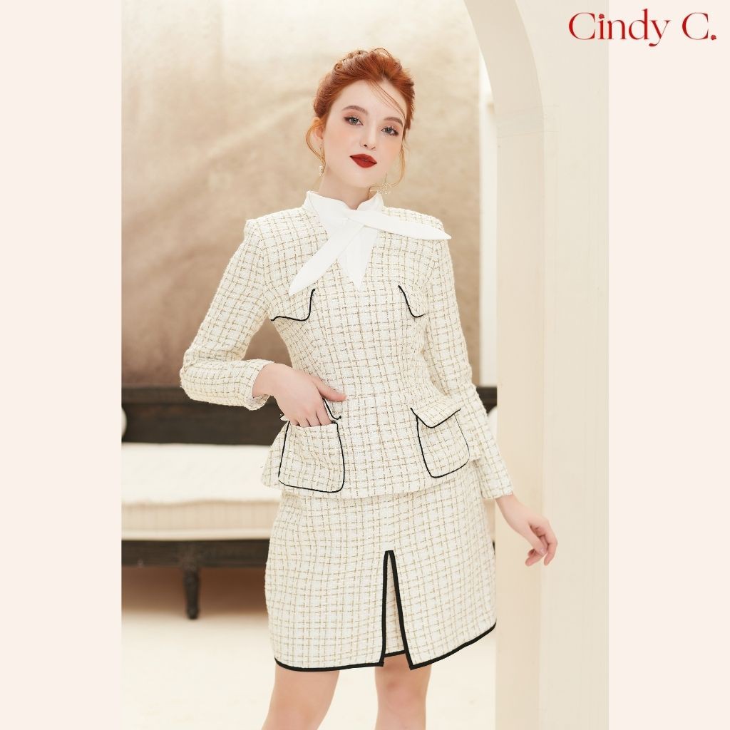 Áo khoác dạ Tweed Elwyn CINDY C màu trắng thiết kế tôn dáng, sang chảnh, túi có nắp S21707