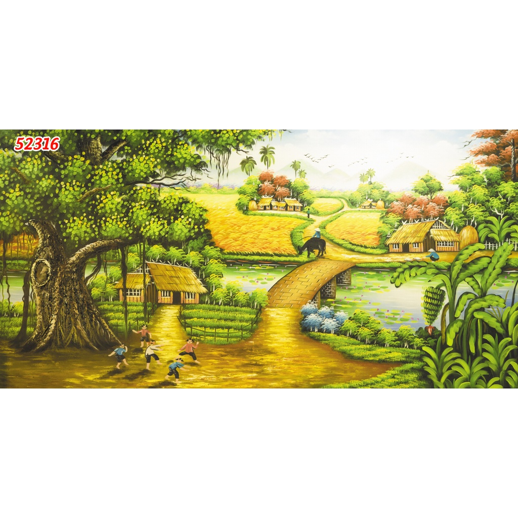 Tranh Dán tường 3D Phong Cảnh Làng Quê chân thực, mộc mạc, yên bình, thanh bình