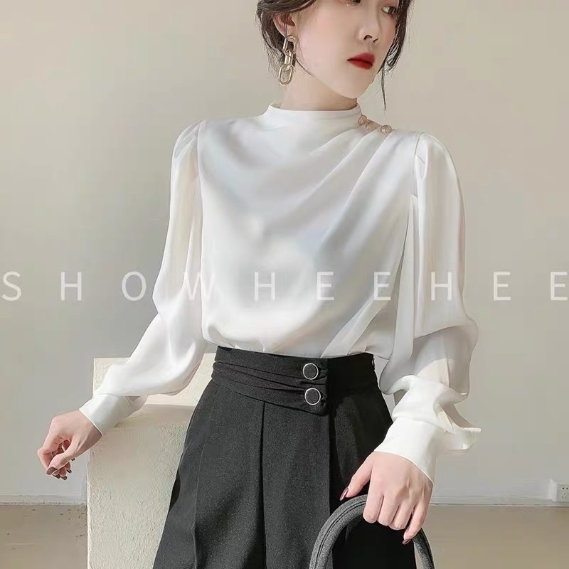Áo sơ mi lụa tay phồng phong cách hàn quốc xếp nhún khuy vai sang chảnh chất liệu vải mềm mịn không nhăn nhàu mặc mátA13