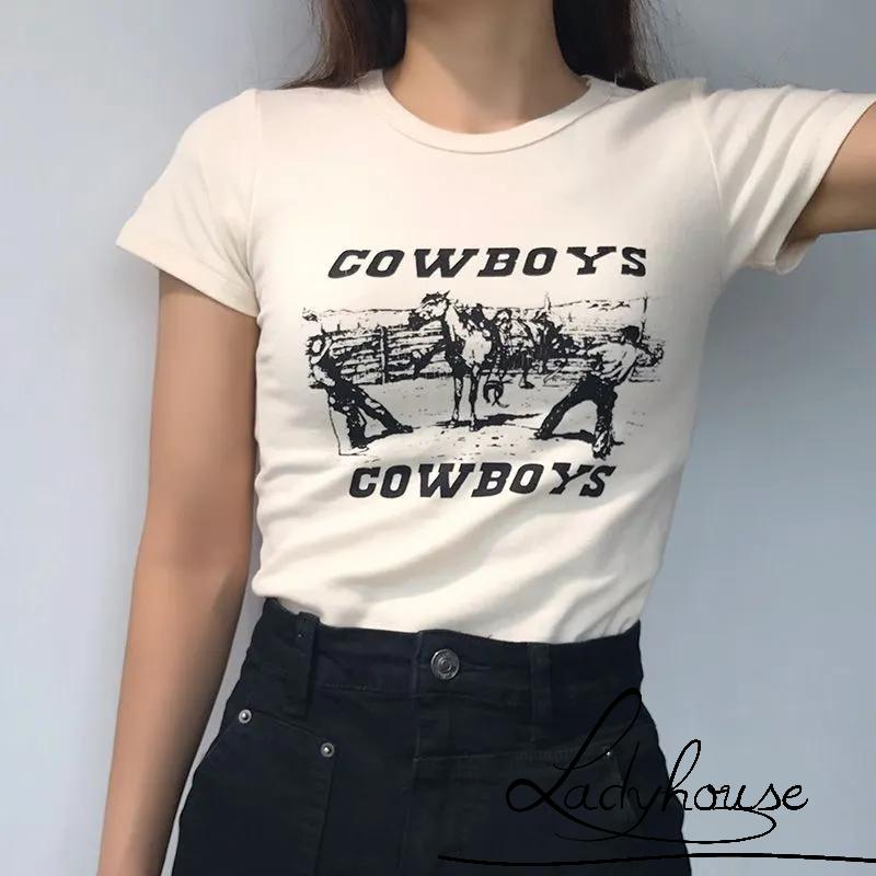 Áo Thun Ngắn Tay Kiểu Cao Bồi Hở Rốn In Chữ Thời Trang Cho Nữ