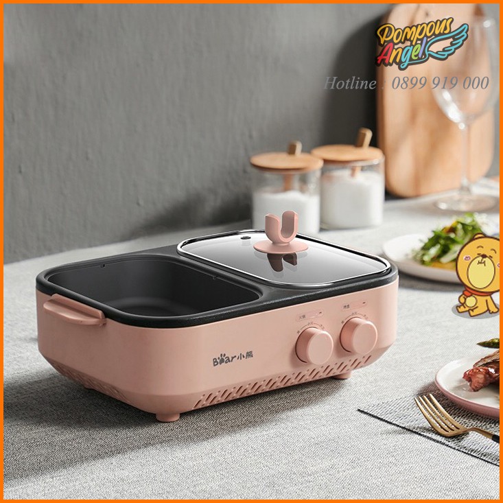 Nồi lẩu nướng điện mini cao cấp 2in1 BEAR DKL-C12D1 màu hồng 2 ngăn chống dính cho 1-2 người