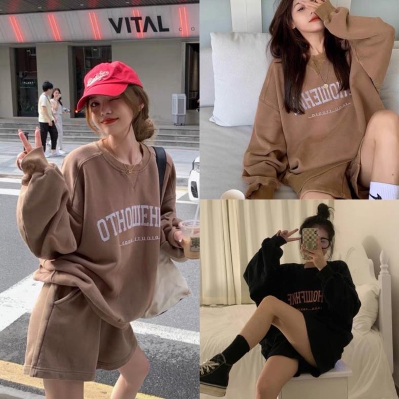 Set áo nỉ OTHO bộ quần áo nỉ phong cách Ulzzang tay bồng in chữ kèm quần [Ảnh thật/Video] Set bộ Hàn quốc