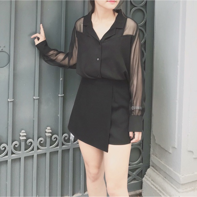 Áo sơ mi cổ vest phối lụa kính đen