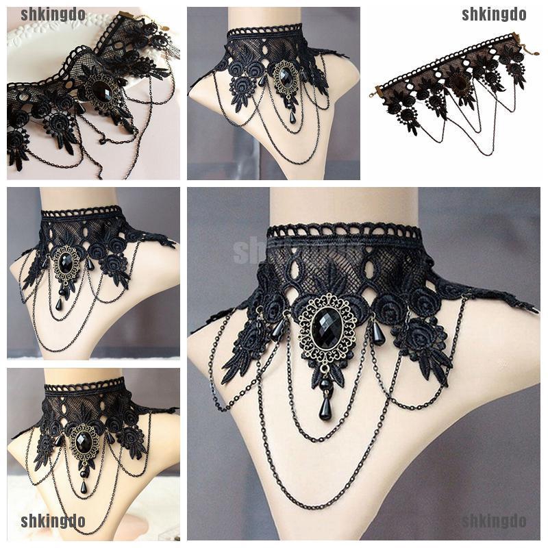 Vòng Choker Ren Hoa Tua Rua Đính Đá Phong Cách Gothic Punk