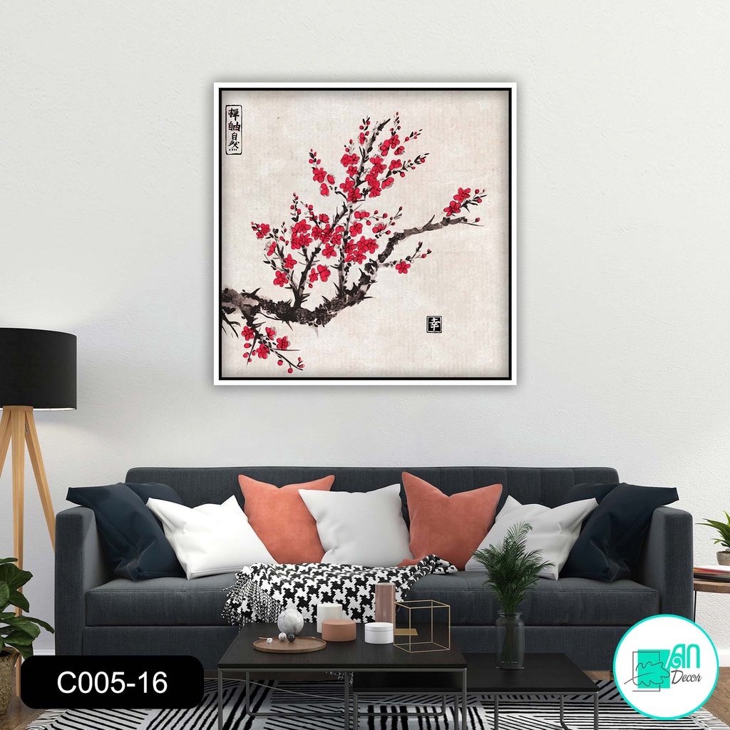 Tranh canvas treo tường canh hoa đào khổ vuông C16- 60 x 60 cm