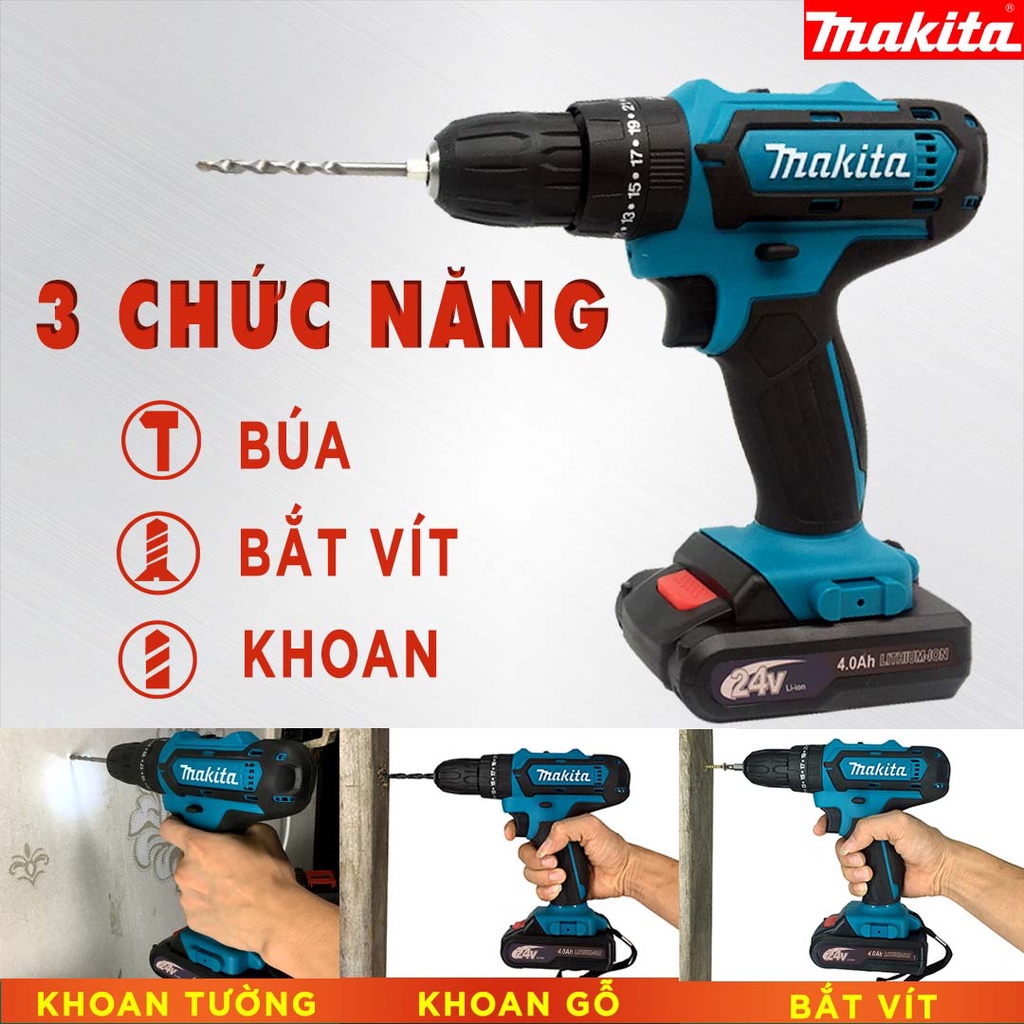 Máy khoan bê tông Pin cầm tay Makita 24v full phụ kiện - máy khoan Makita có búa khoan tường - bắt vít