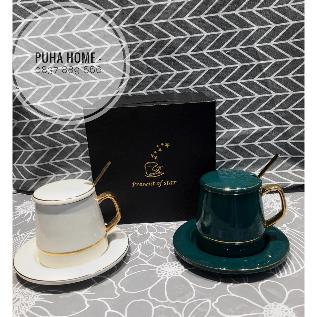 Bộ cốc cafe[VIDEO TỰ QUAY] ⭐𝑭𝑹𝑬𝑬 𝑺𝑯𝑰𝑷⭐cốc cafe đẹp bằng sứ có nắp, đĩa, tiện lợi tặng kèm thìa inox