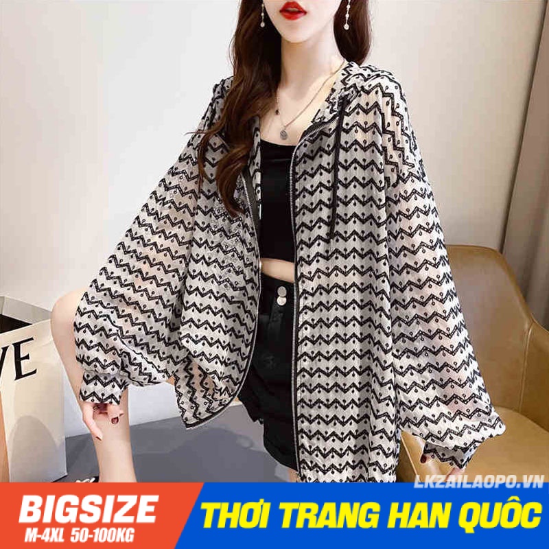 Áo chông nắng nữ Bigsize Áo khoác chông nắng hoodie lụa lạnh kẻ sọc caro mỏng form rộng tay dài thoáng khí Chống tia mùa hè Phong cách hàn quốc cho người mập béo nữ