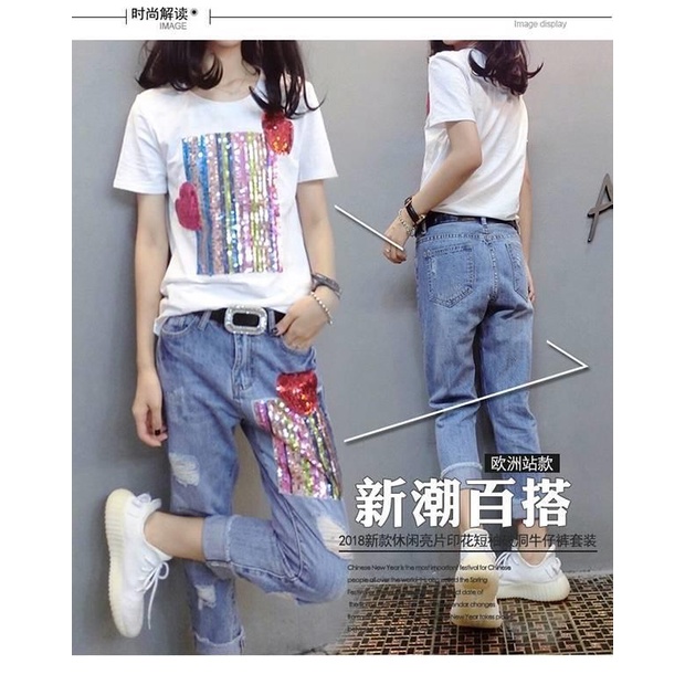 Set quần jean và áo thun tay ngắn đính sequin thời trang cá tính cnj (Có bán lẻ)