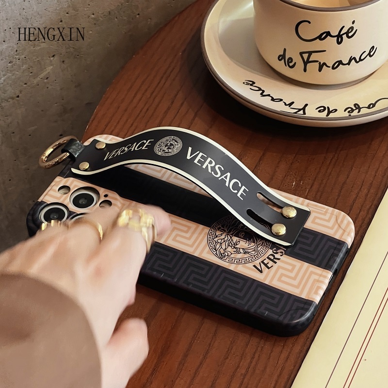 Trendy Versace Wrist Strap Holder Case for iPhone 1514 11 12 13 Pro Max Shockproof Silicone Protective Case