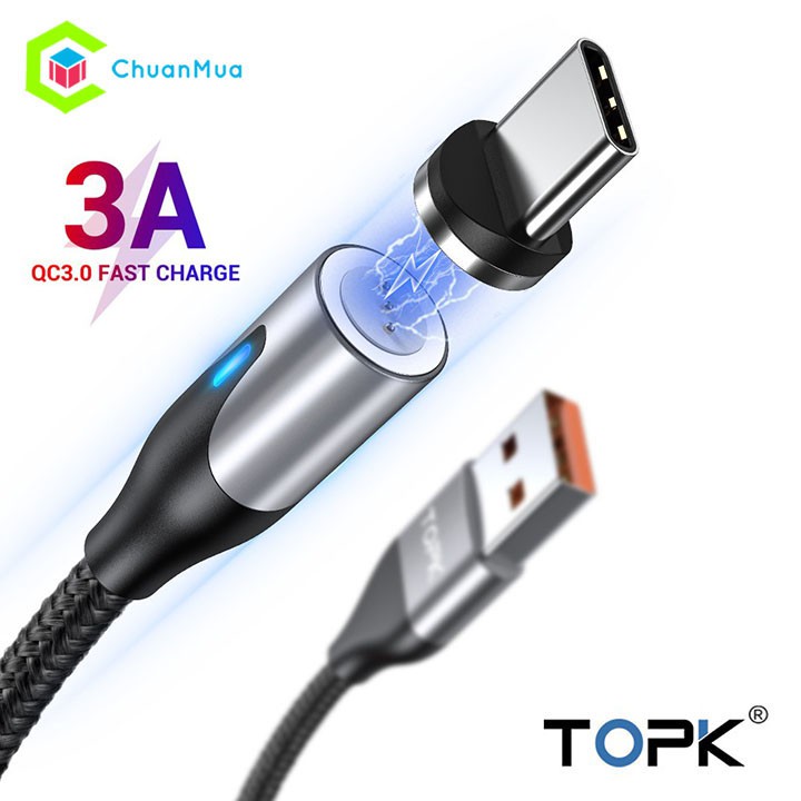 Dây Cáp Sạc Nam Châm Nhanh 3A TOPK (Sạc nhanh, Sạc Từ Tính, Xoay 360, Dây sạc điện thoại