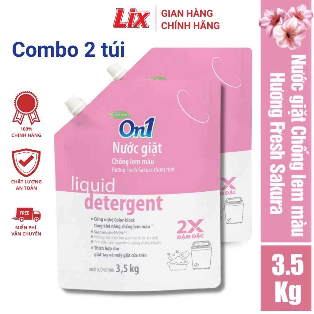 Combo 2 túi nước giặt xả On1 chống lem màu hương Fresh Sakura 3.5Kg/ túi 2C- N6403 sạch khuẩn, khử mùi