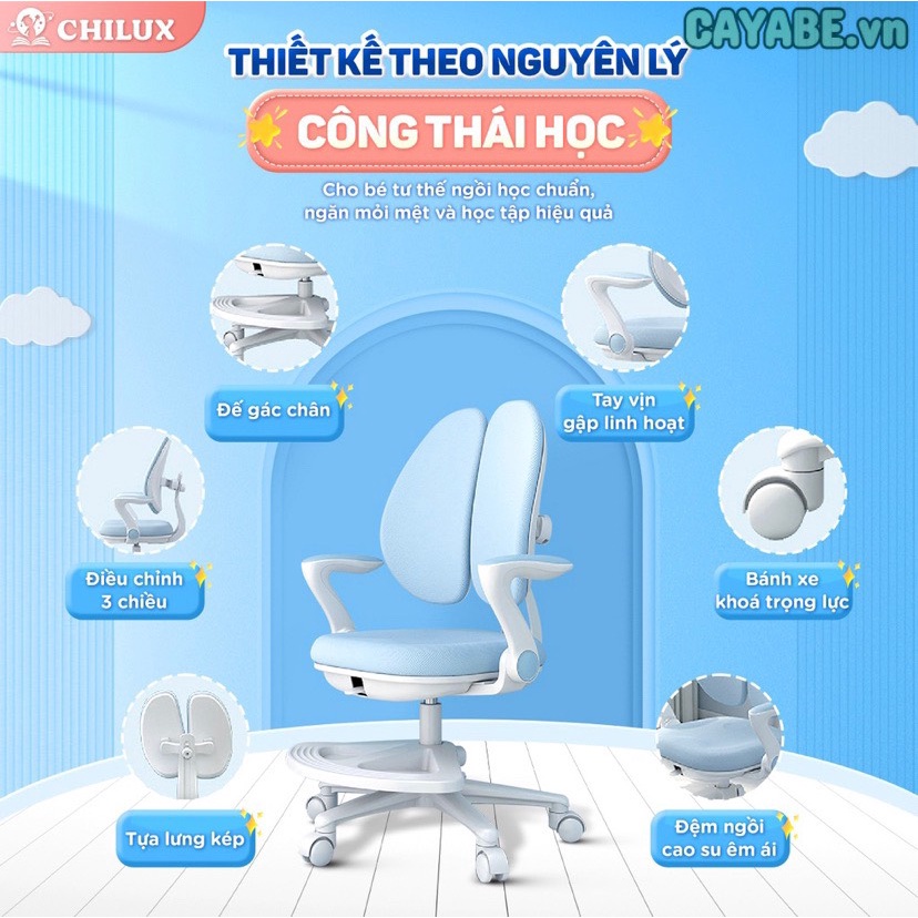 GHẾ HỌC SINH CHỐNG GÙ, CHỐNG CẬN CAYABE CÓ ĐỂ CHÂN ĐIỀU CHỈNH ĐỘ CAO CB-9 CHO TRẺ EM MÀU XANH - HỒNG