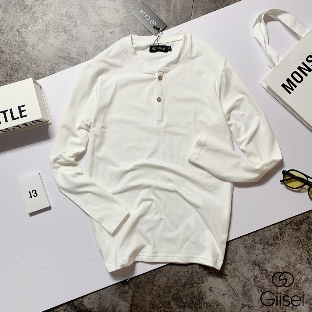 Áo thun dài tay henley nam - cổ trụ chất liệu cotton co giãn 4 chiều - màu : Trắng - Đen - Ghi - Giiesel | BigBuy360 - bigbuy360.vn
