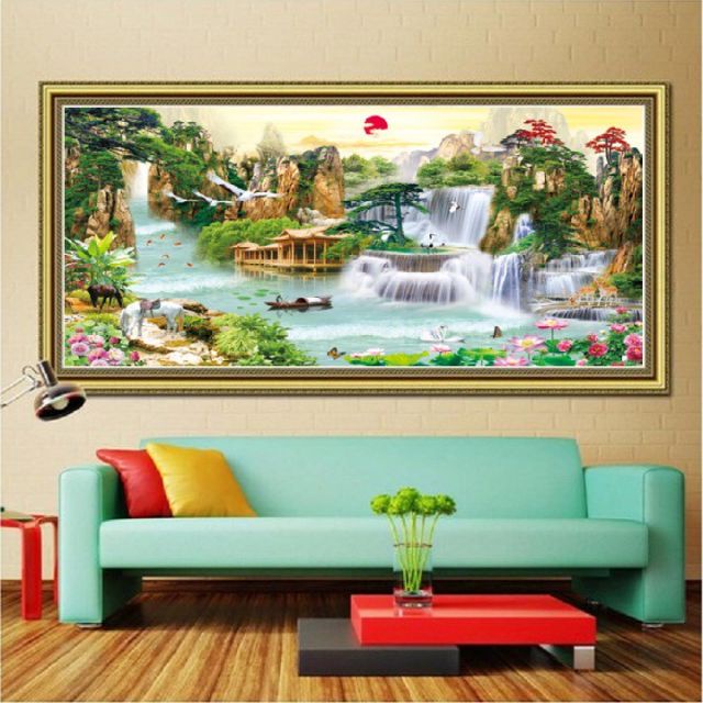 Tranh thêu chữ thập phong cảnh lưu thủy sinh tài KT:160x72cm,Tranh chưa thêu.Tặng kéo và xỏ chỉ.