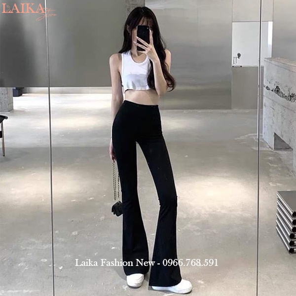 Quần ống loe cạp cao dài con giãn tôn dáng màu đen bigsize dây eo dáng quần legging ống loe ôm lưng chun vải cotton dày