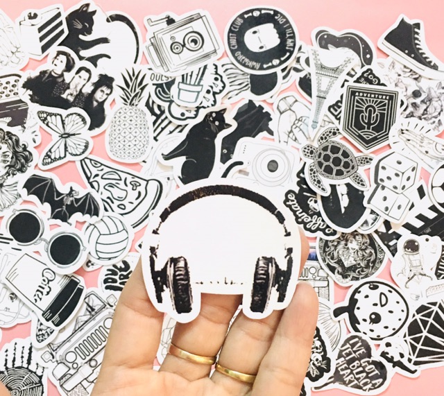 Sét 30-50 cái Sticker đen trắng black white ép lụa đề can bóc dán