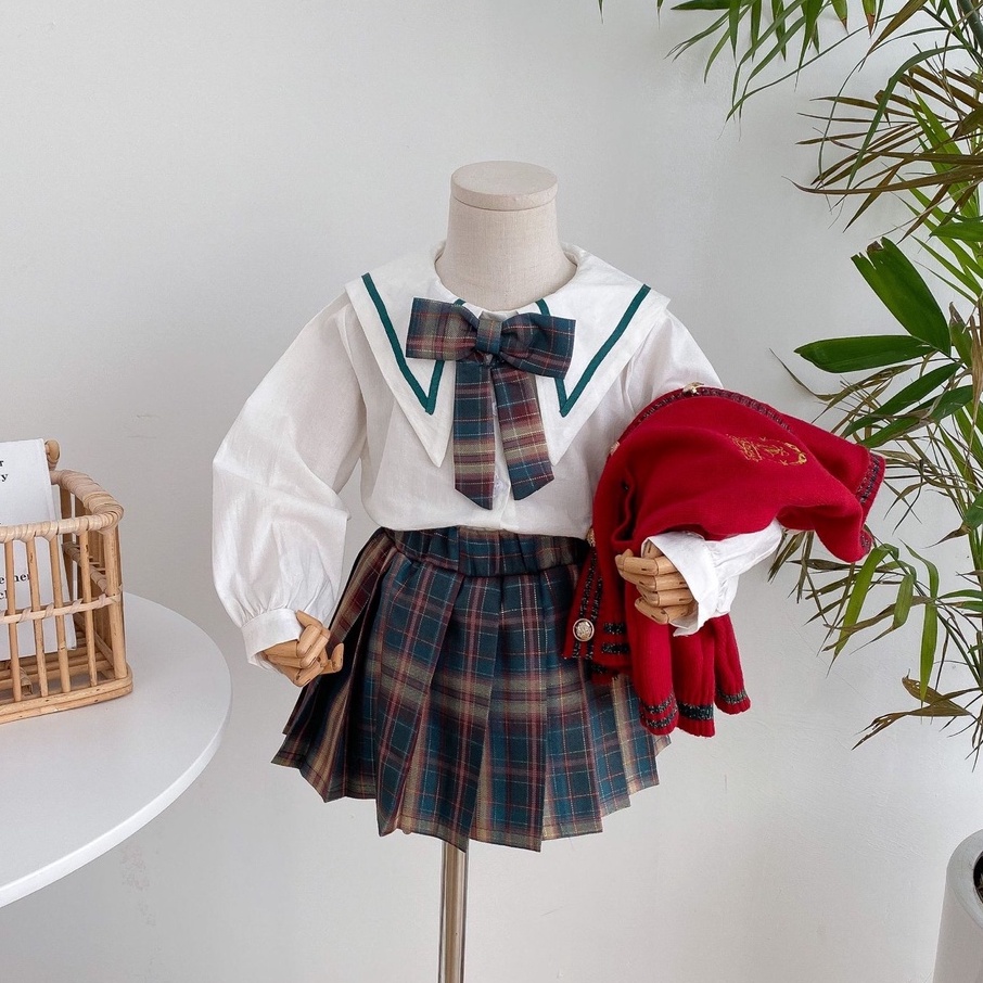SG091 - Set áo váy học sinh thuỷ thủ kèm nơ sz 90-140 , sơ mi trắng, chân váy caro, thời trang hàn quốc thu đông 2022