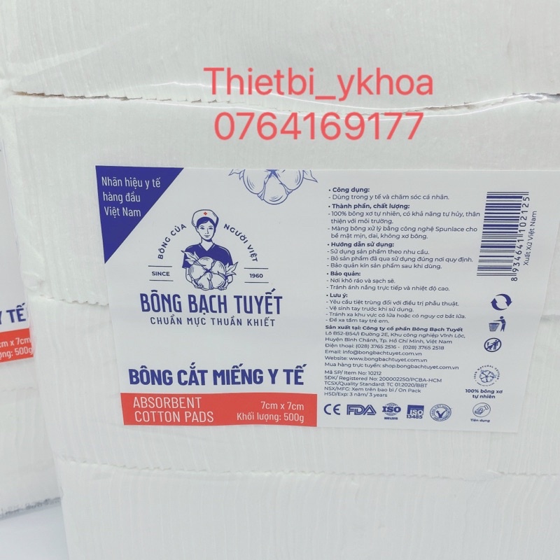 Bông Y Tế Cắt Miếng 7x7 gói 500gr - Hàng chính hãng Bông Bạch Tuyết - Bông - Bông vệ sinh cho bé , Bông dùng cho spa