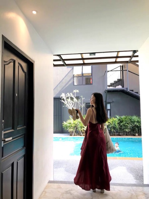 (Ảnh thật) Váy maxi 2 dây hở lưng cổ V dáng dài xẻ tà lụa satin sexy | BigBuy360 - bigbuy360.vn