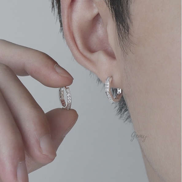 Khuyên tai bạc nam hình bát giác tròn đính đá cá tính, unisex (1 chiếc) | GEMY SILVER KN52