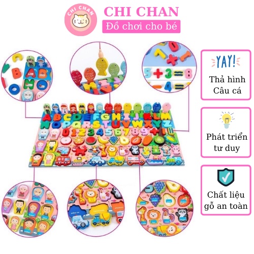 Đồ chơi gỗ thả hình câu cá đa năng 7in1 học chữ số giáo dục montessori phát triển trí tuệ Chi ch