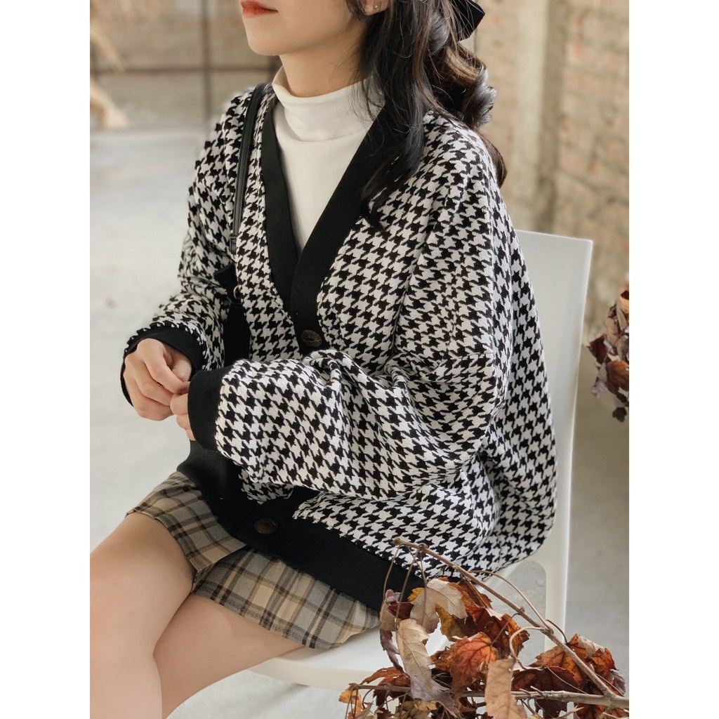Áo cardigan nỉ dạ LOLLIE STUDIO TKJ11 họa tiết mắt cáo