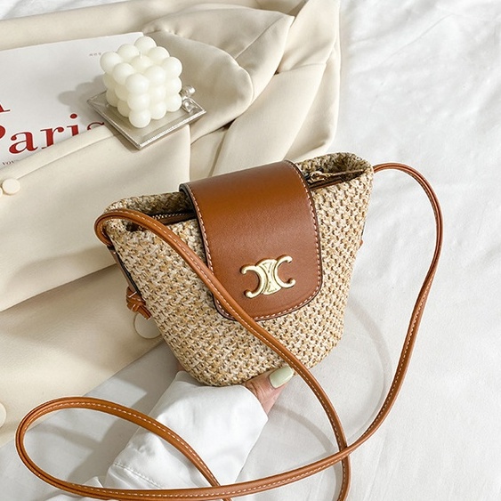 Bán Sỉ Túi cói Vai mini Mùa Hè Mới Arc de Triomphe Bằng Rơm Màu Đỏ Đựng Tai Nghe Cho Nữ
