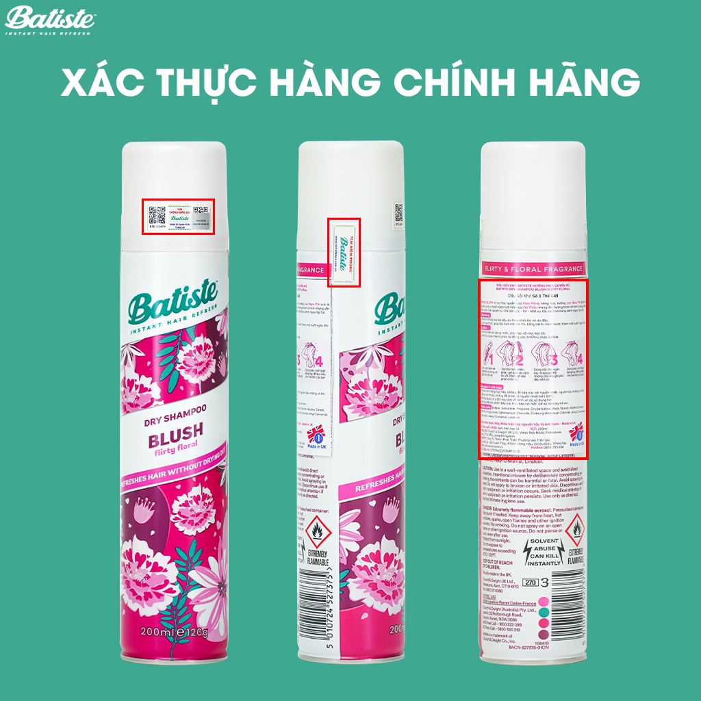 [COMBO TIỆN LỢI] 3 Chai Dầu Gội Khô Batiste Hương Hoa Quyến Rũ-Batiste Dry Shampoo Floral & Flirty Blush 200ml/50ml