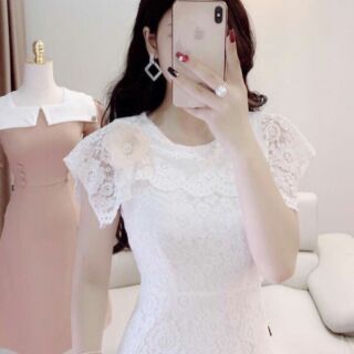 Váy trắng ren chân xếp ly