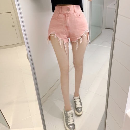 JSC Jiashucheng Quần Short Jean Siêu Ngắn Cạp Cao Tua Rua Rách Màu Hồng Cổ Điển Phong Cách Hàn Quốc Mới