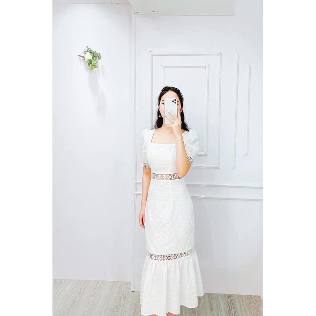 Đầm maxi công chúa dự tiệc trắng phối ren đuôi cá tay ngắn cá tính Chiing Store DT021 chất liệu đũi nha