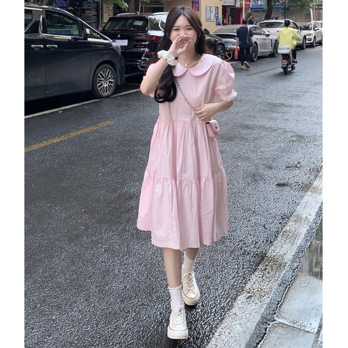 Đầm Cổ Búp Bê Màu Hồng Dễ Thương Phong Cách Nhật Bản Cho Nữ
