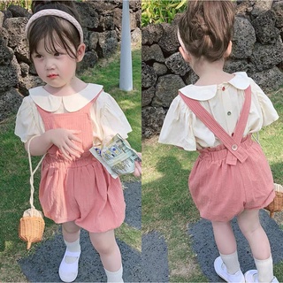 Áo cổ sen quần yếm bồng bé gái