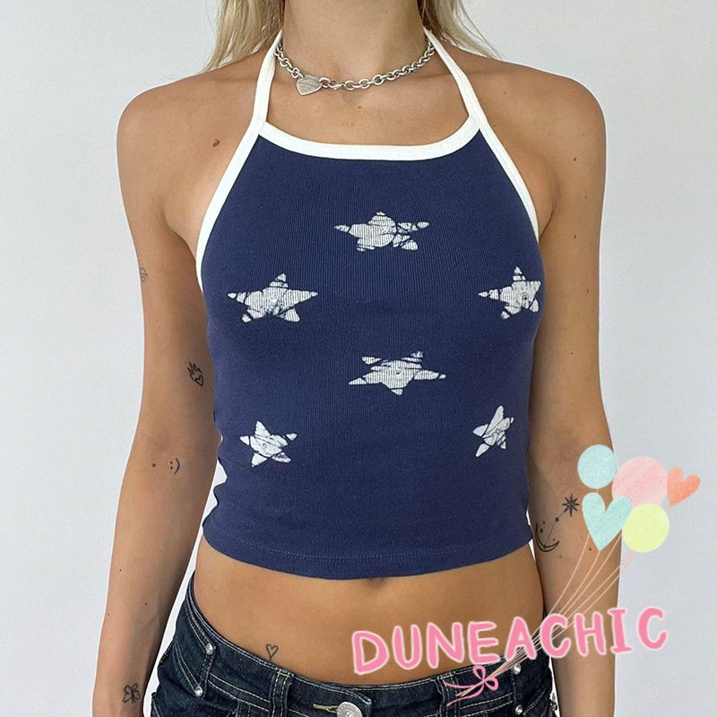 DUNEA Áo Croptop Hai Dây Hở Lưng In Hình Ngôi Sao Thời Trang Cho Nữ