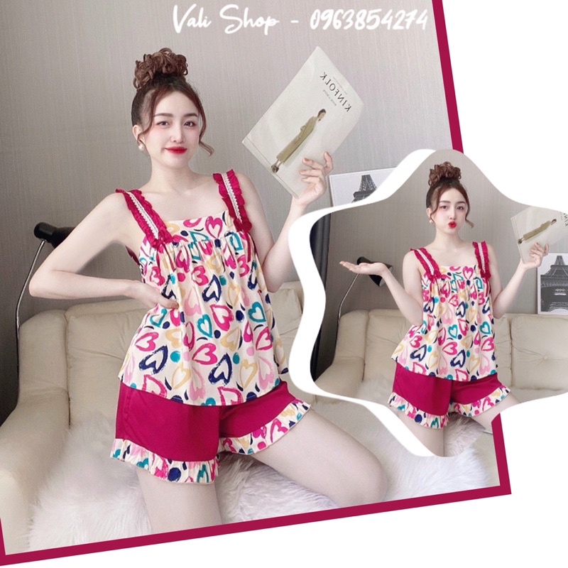 Đồ ngủ lụa latin áo dây bèo nơ ren quần đùi hoạ tiết freesize 42-57kg
