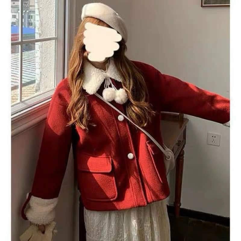 ÁO DẠ ĐỎ 2 LỚP CỔ LÔNG HOT