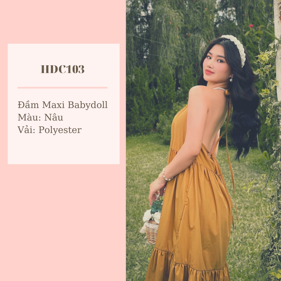 Đầm Babydoll HDC103 dài hở lưng, Váy maxi rộng đi biển màu nâu Hỉn Hỉn Store