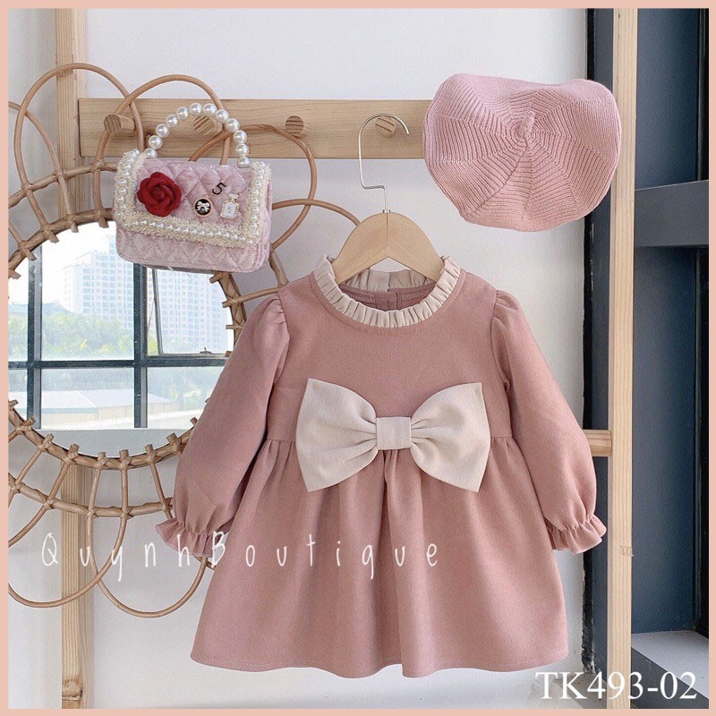 Váy đầm cho bé QUỲNH BOUTIQUE, Váy điệu tiểu thư hoạ tiết nơ ngực(5-35kg)